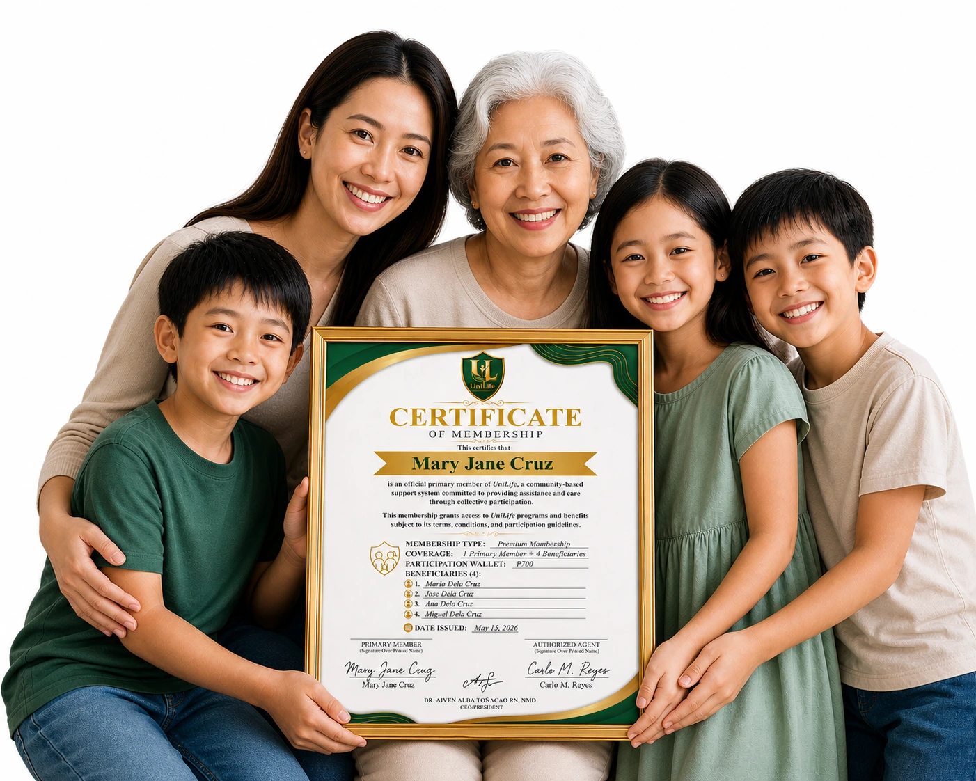 A UNILIFE member family holding a certificate of membership